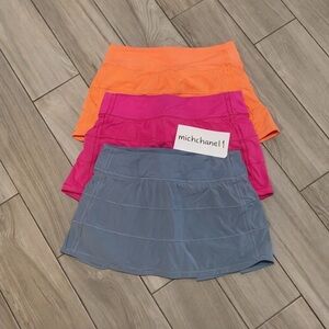 lululemon athletica Skirt Trio: Cream Orange, Sonic Pink, Chambray Blue; Sz 2